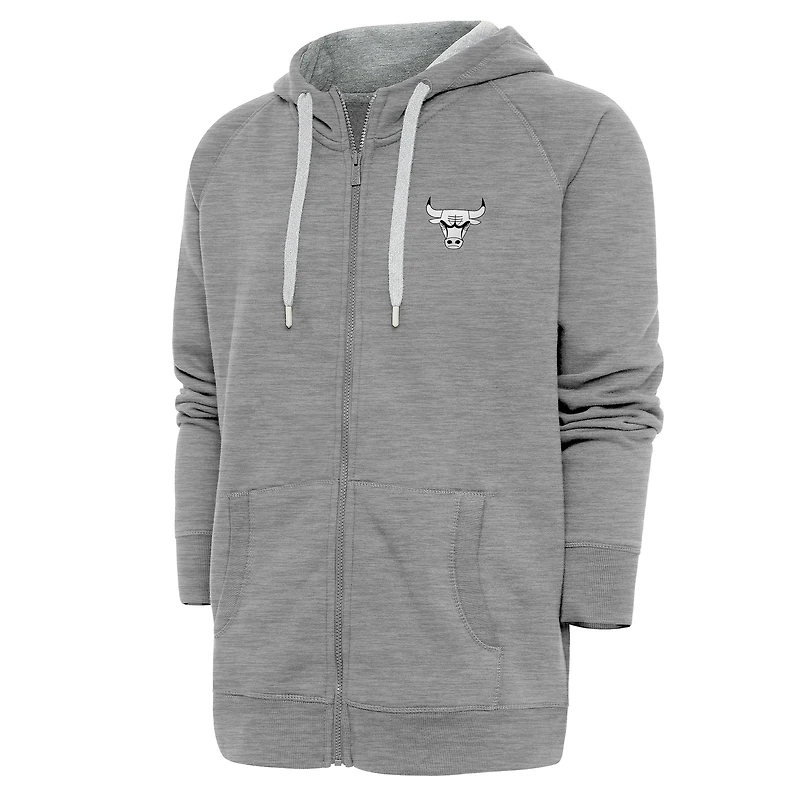 Men's Antigua Heather Gray Chicago Bulls Metallic Logo Victory Raglan Full-Zip Hoodie