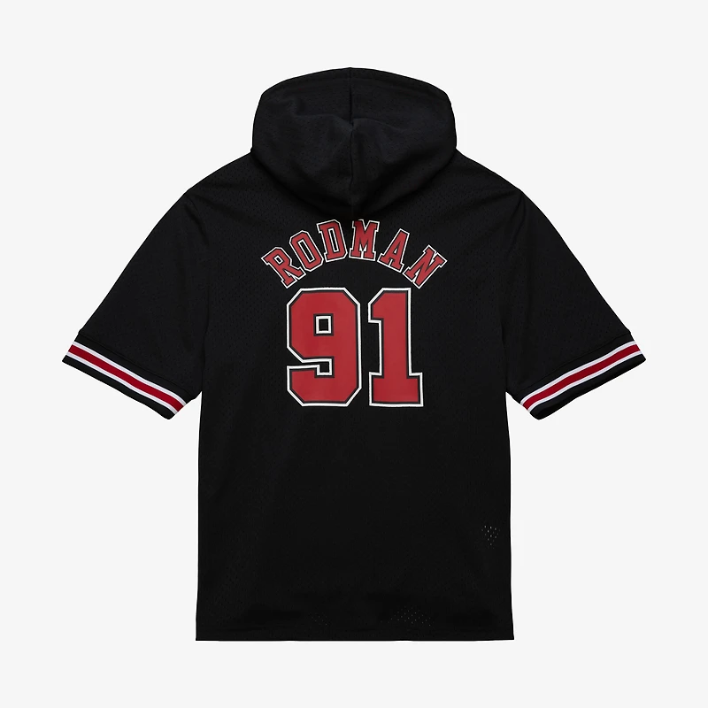 Sweat à capuche manches courtes Mitchell & Ness Dennis Rodman noir Chicago Bulls en maille, avec nom et numéro, pour homme