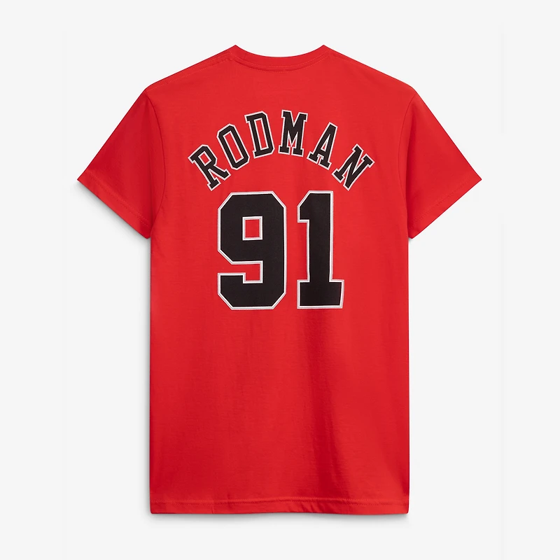 Men's Mitchell & Ness Dennis Rodman Red Chicago Bulls Hardwood Classics Stitch Name Number T-Shirt
