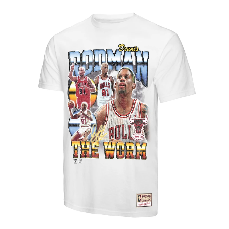 T-shirt commémoratif Mitchell & Ness Dennis Rodman blanc des Chicago Bulls Hardwood Classics pour homme, motif collage de joueurs