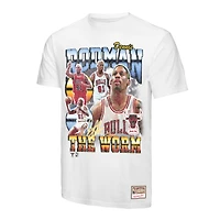 T-shirt commémoratif Mitchell & Ness Dennis Rodman blanc des Chicago Bulls Hardwood Classics pour homme, motif collage de joueurs