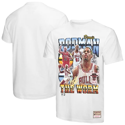 T-shirt commémoratif Mitchell & Ness Dennis Rodman blanc des Chicago Bulls Hardwood Classics pour homme, motif collage de joueurs