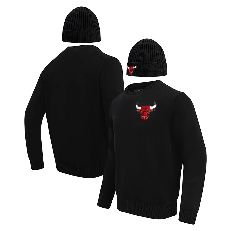 Coffret cadeau pull à col rond et bonnet en tricot revers Pro Standard Black Chicago Bulls pour hommes