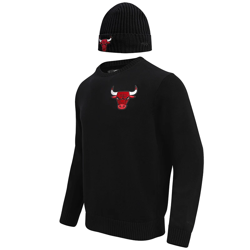 Coffret cadeau pull à col rond et bonnet en tricot revers Pro Standard Black Chicago Bulls pour hommes