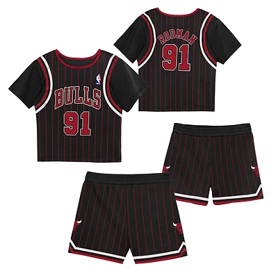 Ensemble t-shirt et short Mitchell & Ness Dennis Rodman noir Chicago Bulls Play by Place pour enfants d'âge préscolaire
