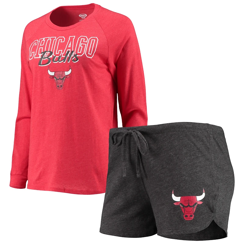 Women's Concepts Sport Heathered Black/Heathered Red Chicago Bulls Raglan Long Sleeve Top & Shorts Sleep Set