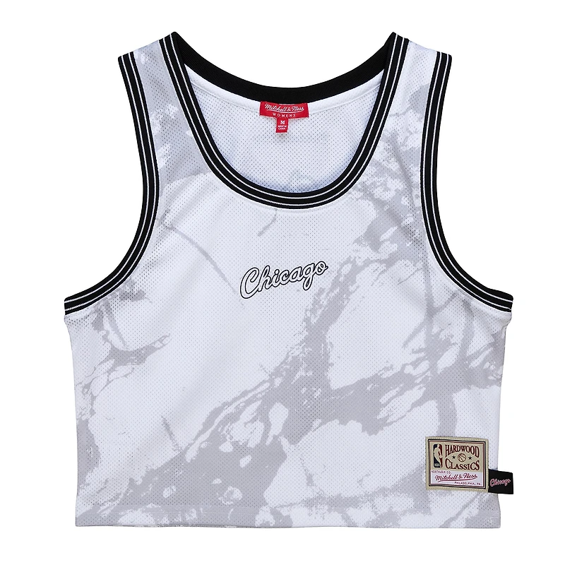 Women's Mitchell & Ness White Chicago Bulls Hardwood Classics Marble Cropped Tank Top