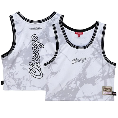 Women's Mitchell & Ness White Chicago Bulls Hardwood Classics Marble Cropped Tank Top