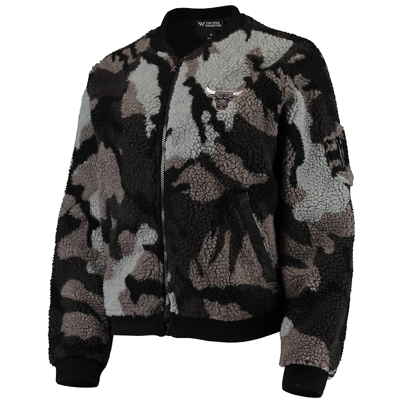 Women's The Wild Collective Black Chicago Bulls Camo Sherpa Full-Zip Bomber Jacket