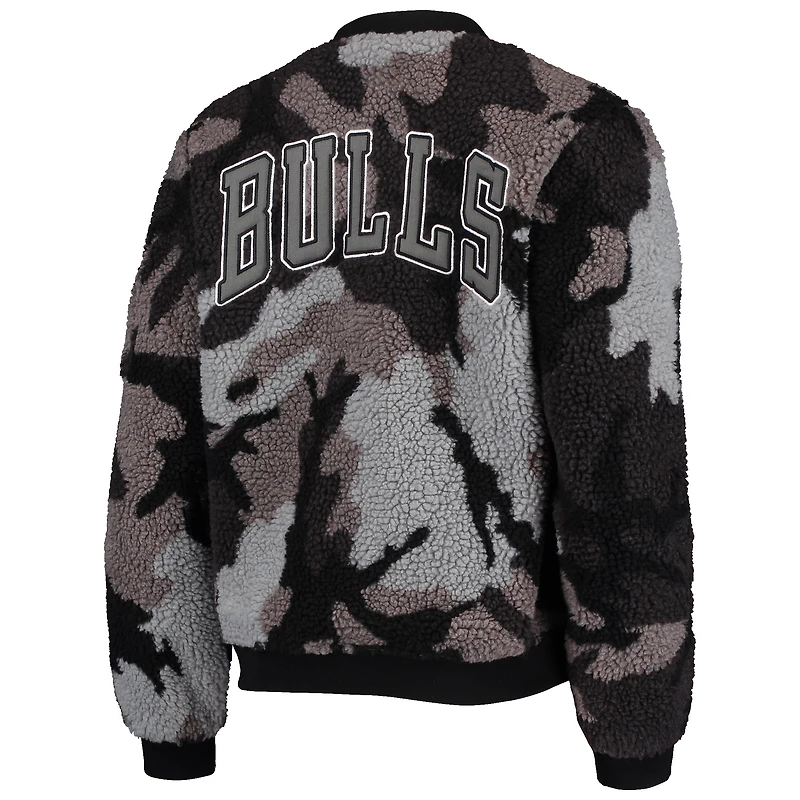Women's The Wild Collective Black Chicago Bulls Camo Sherpa Full-Zip Bomber Jacket