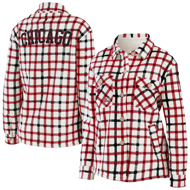 Women's WEAR by Erin Andrews Oatmeal Chicago Bulls Plaid Button-Up Shirt Jacket