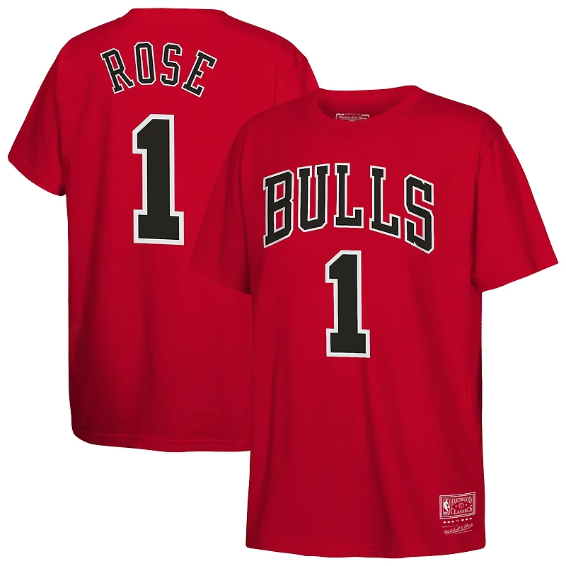 Youth Mitchell & Ness Derrick Rose Red Chicago Bulls Hardwood Classics Name Number T-Shirt
