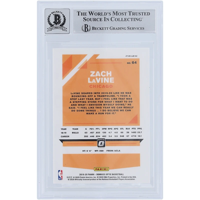 Coffret Fanatics Panini Donruss Optic 2019-20 autographié par Zach LaVine Chicago Bulls #64 Beckett Fanatics, carte 10 authentifiée et témoin