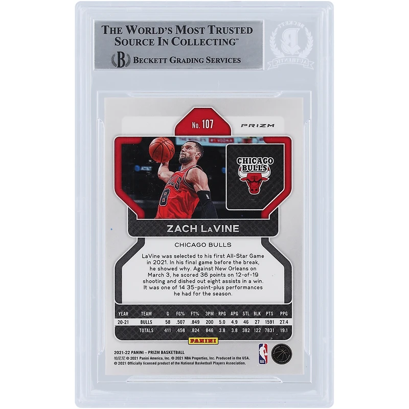 Carte authentifiée autographiée par Zach LaVine des Chicago Bulls Panini Prizm Silver Prizms #107 Beckett Fanatics 2021-22