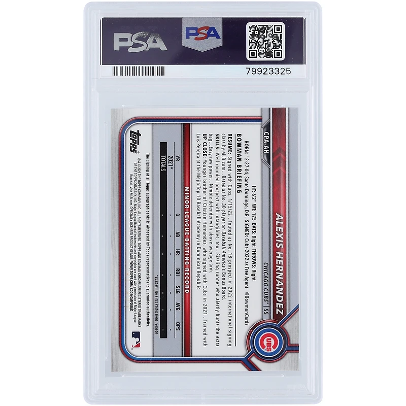 Carte recrue authentifiée 2022 Bowman Chrome HTA Choice Refractor #CPA-AH #/150 PSA 10 signée Alexis Hernandez des Chicago Cubs