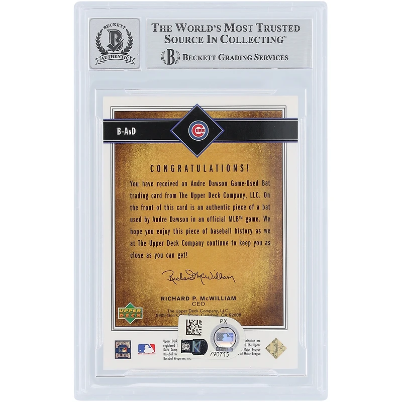 Carte de collection Andre Dawson (Chicago Cubs) autographiée, relique de match Upper Deck SP Legendary Cuts 2002, numéro B-AND, authentifiée par Beckett Fanatics Witnessed (10 cartes).