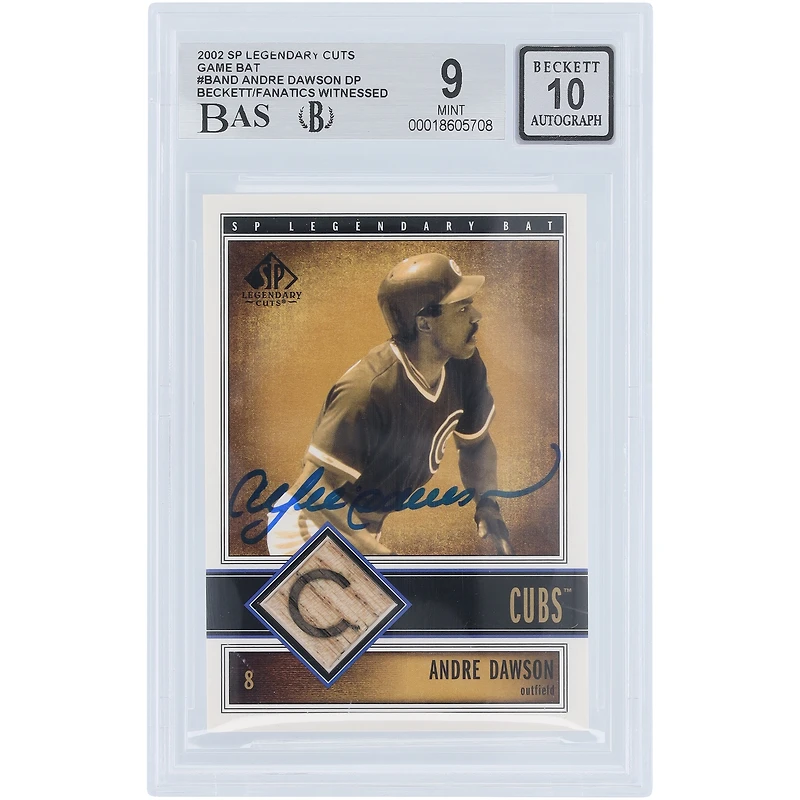 Carte de baseball relique de match autographiée par Andre Dawson (Chicago Cubs), 2002 Upper Deck SP Legendary Cuts, numéro B-AND, authentifiée par Beckett Fanatics Witnessed (9/10).
