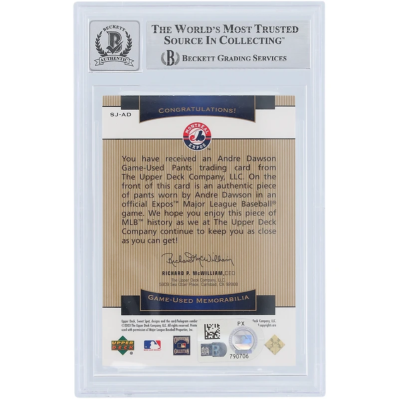 Carte autographiée par Andre Dawson (Chicago Cubs) de la série Upper Deck Sweet Spot Classic GU Relic 2003, numéro #SJ-AD, authentifiée par Beckett Fanatics Witnessed (9/10).