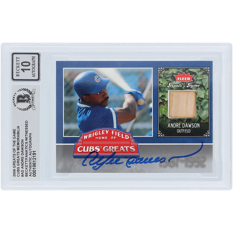 Carte autographiée d'Andre Dawson (Chicago Cubs), édition 2006 Fleer Greats of the Game, GU Relic #CHC-AD, authentifiée par Beckett Fanatics Witnessed (n° 10).