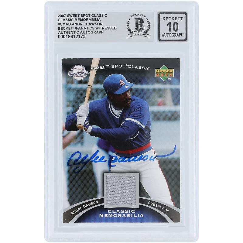 Carte autographiée d'Andre Dawson (Chicago Cubs) 2007 Upper Deck Sweet Spot Classic GU Relic #CM-AD, authentifiée par Beckett Fanatics Witnessed (n° 10).