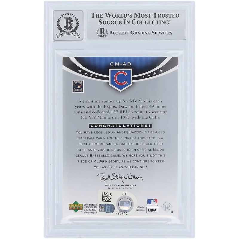 Carte autographiée par Andre Dawson (Chicago Cubs) de la série Upper Deck Sweet Spot Classic GU Relic 2007 #CM-AD, authentifiée par Beckett Fanatics Witnessed (9/10).