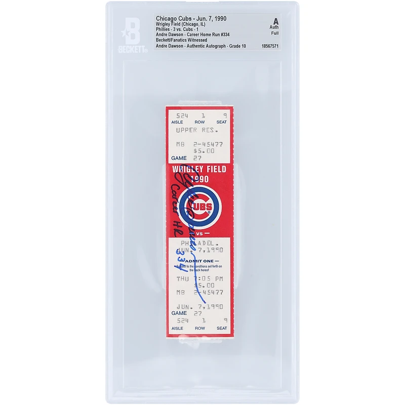 Billet authentifié par Beckett Fanatics Witnessed Auto 10 d'André Dawson, joueur des Cubs de Chicago, daté du 7 juin 1990, avec la mention « Career HR 334 ».