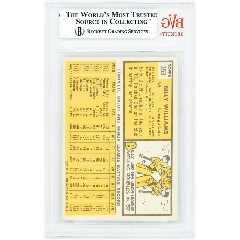 Carte authentifiée 7.5 de Billy Williams, Chicago Cubs, 1963 Topps n° 353, par BVG