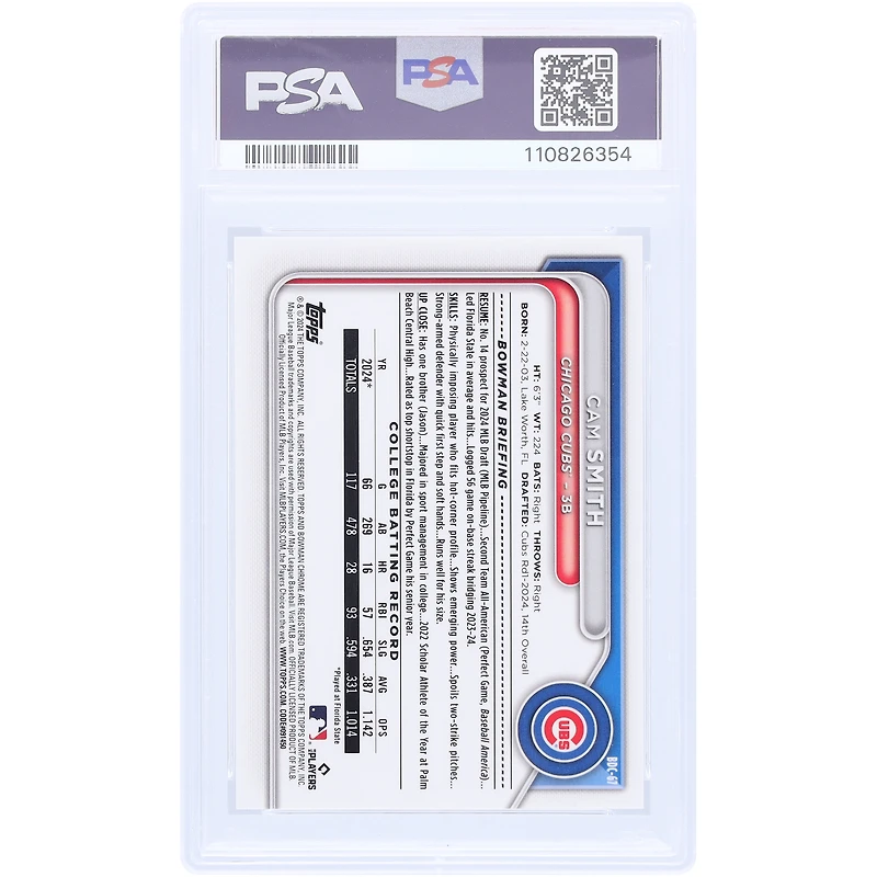 Cam Smith Chicago Cubs 2024 Bowman Chrome Sapphire 1er Bowman Noir #BDC-67 #6/10 PSA Authentifié 10 Carte