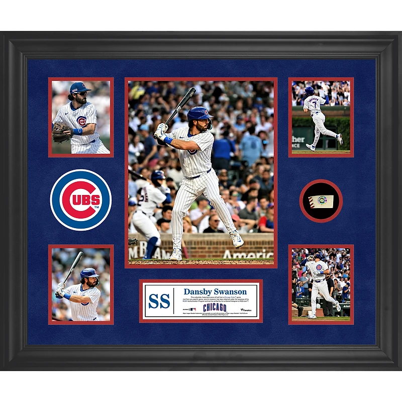 Collage encadré de 5 photos de Dansby Swanson des Chicago Cubs avec un morceau de ballon utilisé lors du match
