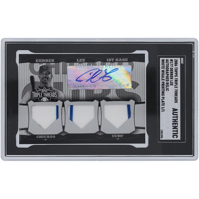 Carte authentifiée SGC autographiée par Derrek Lee des Chicago Cubs, carte Topps Triple Threads Triple Dual-Color Pinstripe Relic White Whale 2006, plaque d'impression n° 177 #1/1