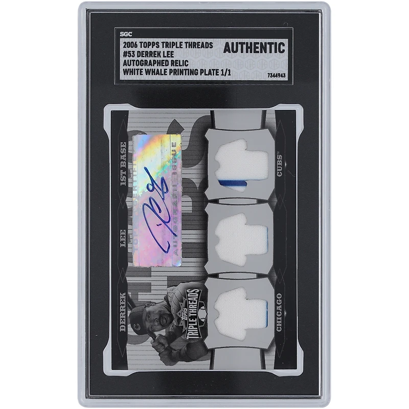 Carte autographiée 2006 Topps Triple Threads Triple Dual-Color Pinstripe Relic White Whale Printing Plate #53 #1/1 SGC Authenticated Card de Derrek Lee des Chicago Cubs