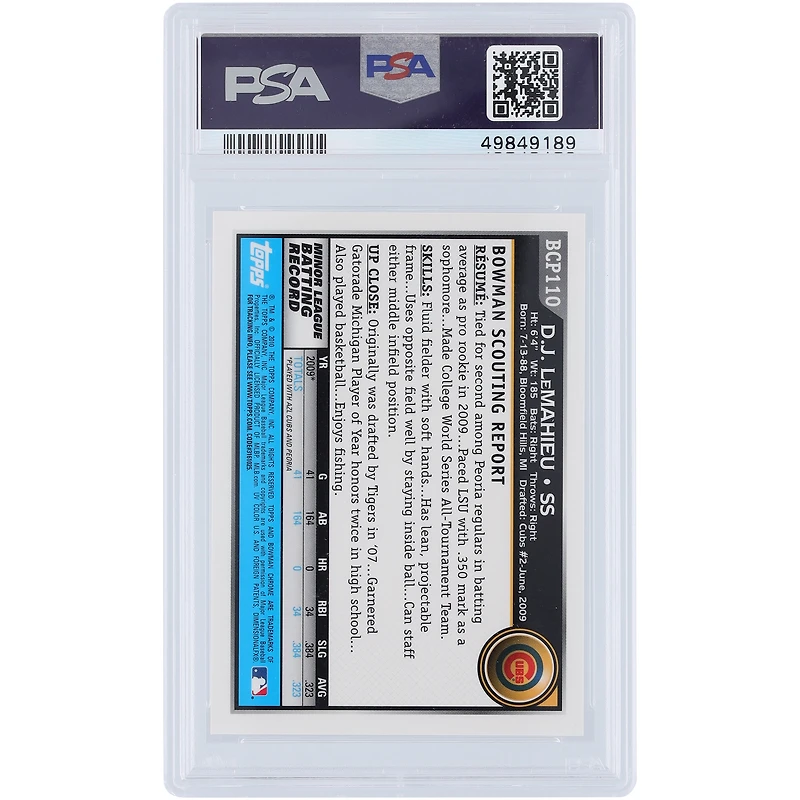 Carte authentifiée PSA 10 authentifiée par DJ LeMahieu (Chicago Cubs) - 2010 Bowman Chrome Prospects #BCP110