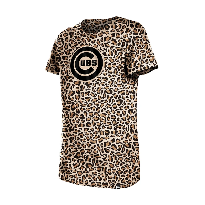 T-shirt New Era marron Chicago Cubs pour filles et jeunes, motif léopard