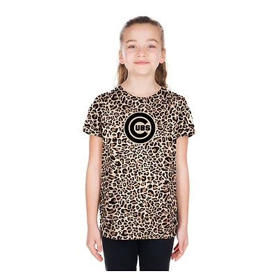 T-shirt New Era marron Chicago Cubs pour filles et jeunes, motif léopard