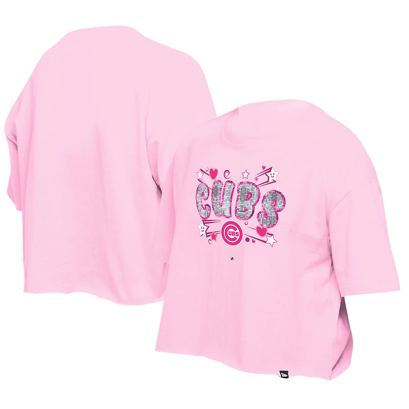 T-shirt d'équipe à paillettes Flip New Era rose clair pour filles des Chicago Cubs