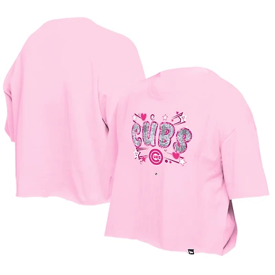 T-shirt d'équipe à paillettes Flip New Era rose clair pour filles des Chicago Cubs