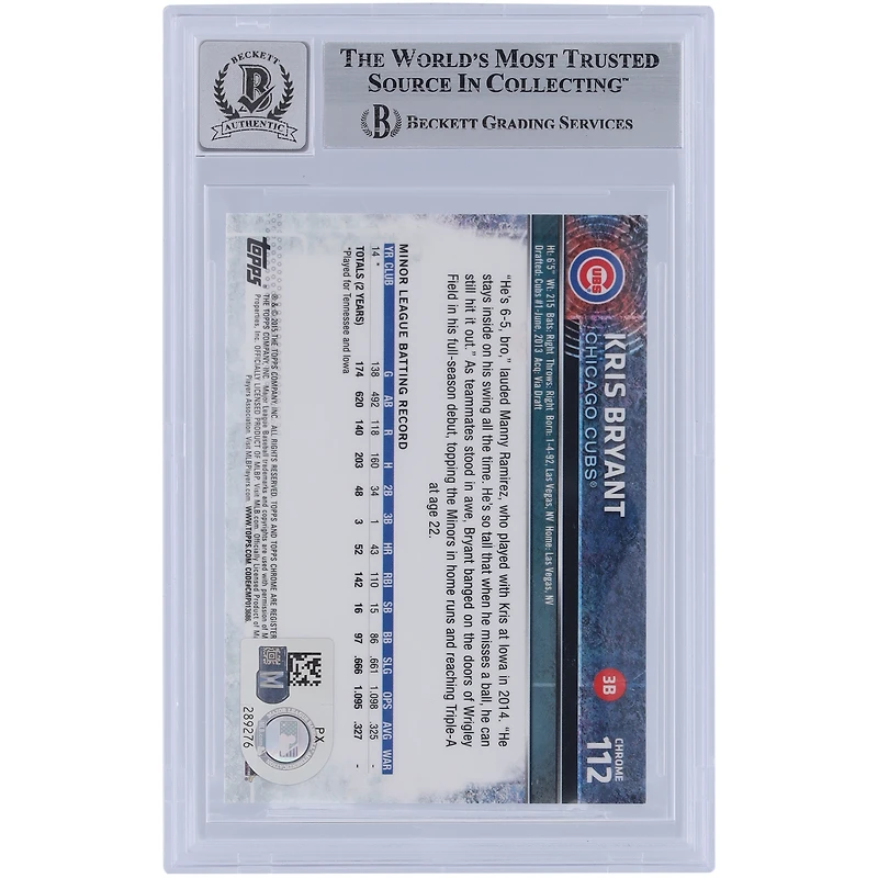 Kris Bryant Chicago Cubs Autographed 2015 Topps Chrome #112 Beckett Fanatics Witnessed Authenticated 9/10 Rookie Card with "15 NL ROY" Inscription