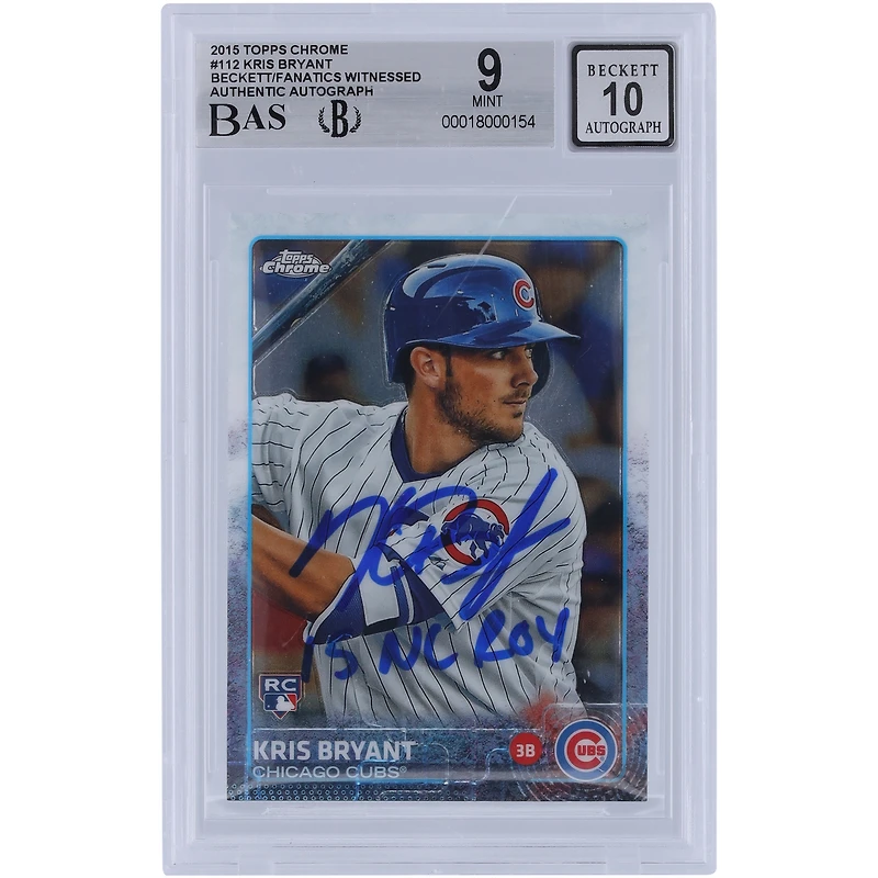 Kris Bryant Chicago Cubs autographié 2015 Topps Chrome #112 Beckett Fanatics a été témoin d'une carte de recrue authentifiée 9/10 avec l'inscription « 15 NL ROY »