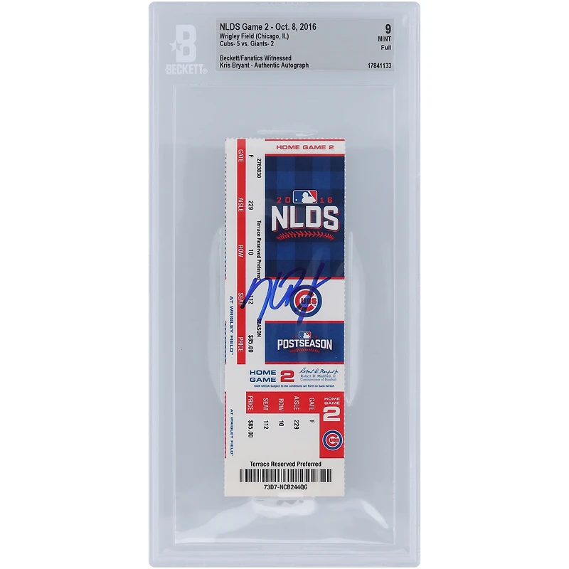 Billet autographié 9 du match 2 de la NLDS 2016 de Kris Bryant par les Chicago Cubs, dont les fans de Beckett ont été témoins, du 8 octobre 2016