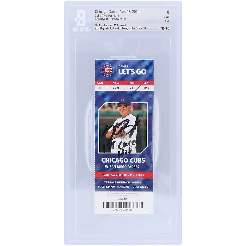 Kris Bryant Chicago Cubs Autographed Beckett Fanatics Witnessed Authenticated 9/10 Ticket from April 18, 2015 with "1st Career Hit" Inscription