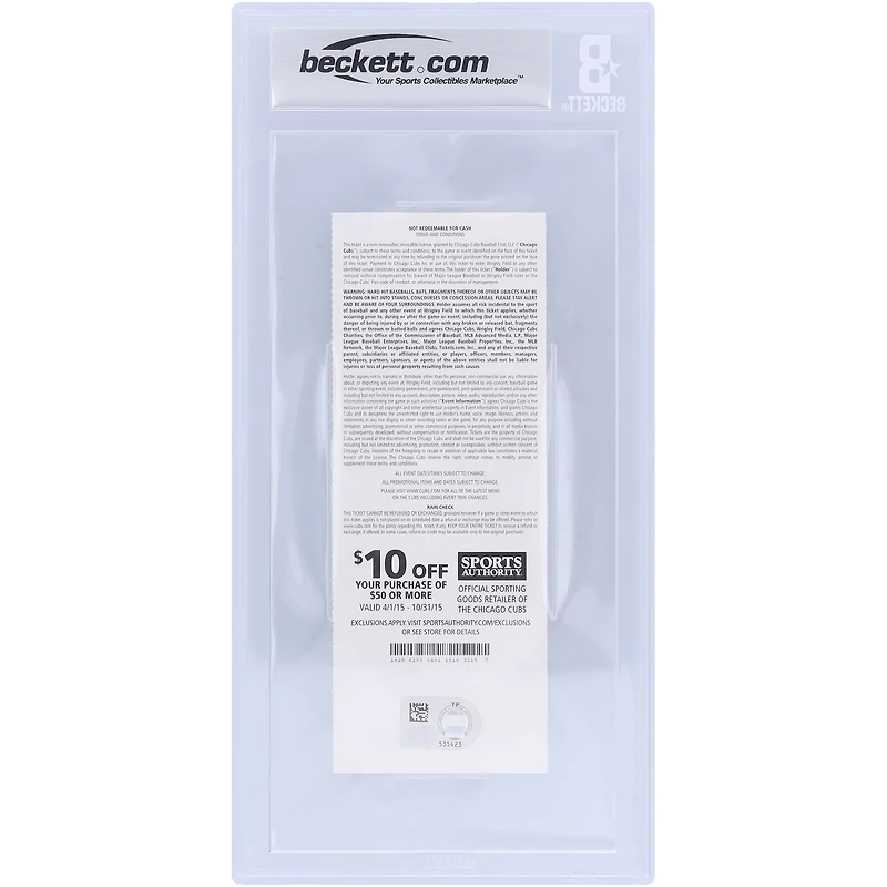 Kris Bryant Chicago Cubs Autographed Beckett Fanatics Witnessed Authenticated 9/10 Ticket from April 18, 2015 with "1st Career Hit" Inscription