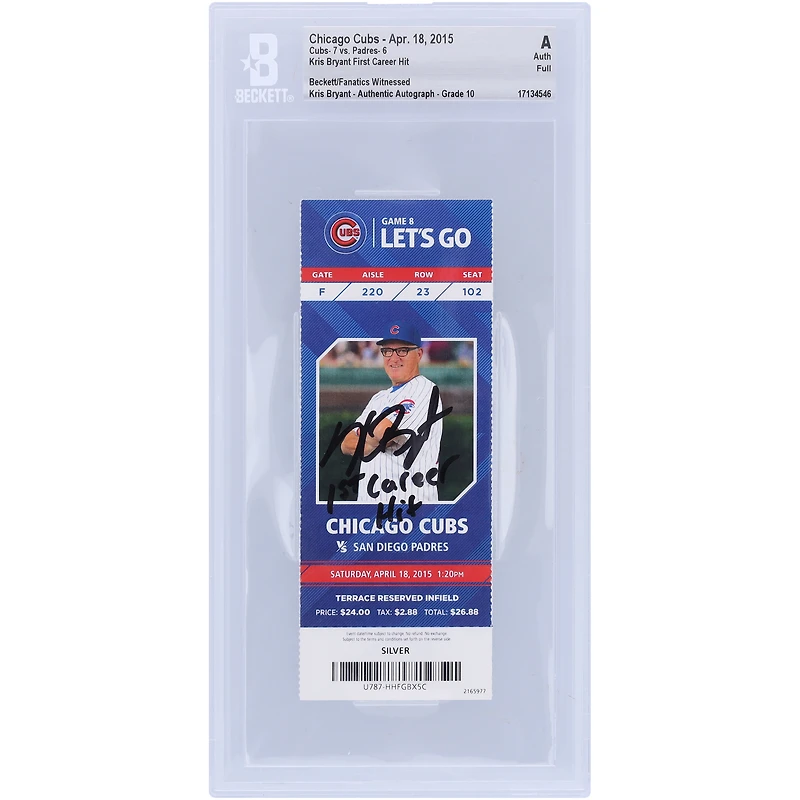 Kris Bryant Chicago Cubs Autographed Beckett Fanatics Witnessed Authenticated Auto 10 Ticket from April 18, 2015 with "1st Career Hit" Inscription