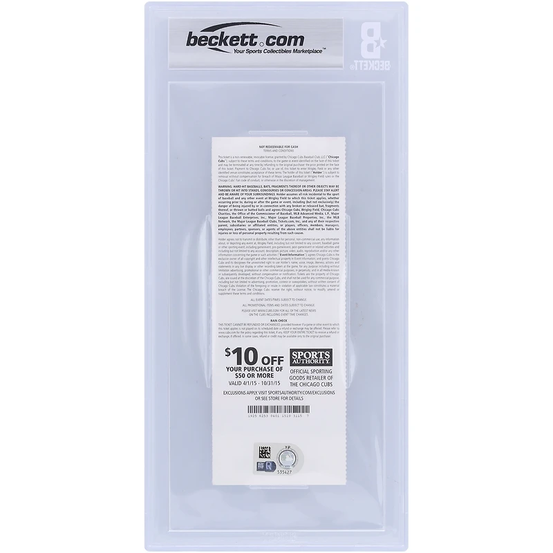 Kris Bryant Chicago Cubs Autographed Beckett Fanatics Witnessed Authenticated Auto 10 Ticket from April 18, 2015 with "1st Career Hit" Inscription