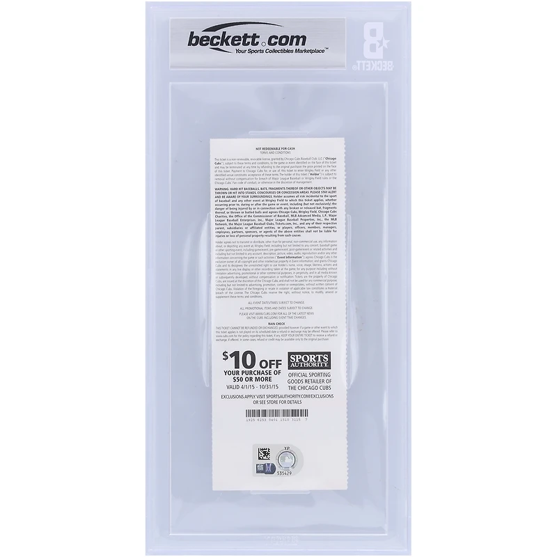 Kris Bryant Chicago Cubs Autographed Beckett Fanatics Witnessed Authenticated Auto 10 Ticket from September 22, 2015 with "Cubs Rookie HR Record" Inscription - 26th Career Home Run