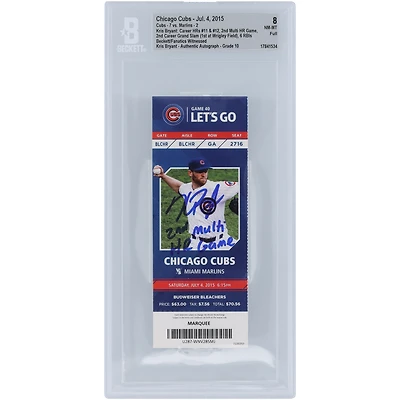 Billet authentifié par Beckett Fanatics Witnessed le 4 juillet 2015, daté du 4 juillet 2015, avec la mention « 2e match avec plusieurs circuits ». Ce billet autographié par Kris Bryant des Cubs de Chicago porte les numéros 11 et 12 de ses circuits en carrière, son 2e grand chelem et compte 6 points produits. Il comporte également une inscription.