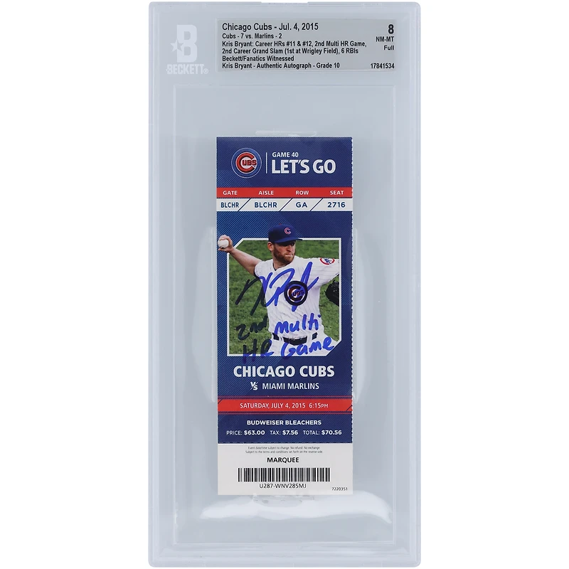 Kris Bryant Chicago Cubs Career HRs #11 & #12, 2nd Multi HR Game, 2nd Career Grand Slam, 6 RBIs Beckett Fanatics Witnessed Authenticated /10 Ticket from July 4