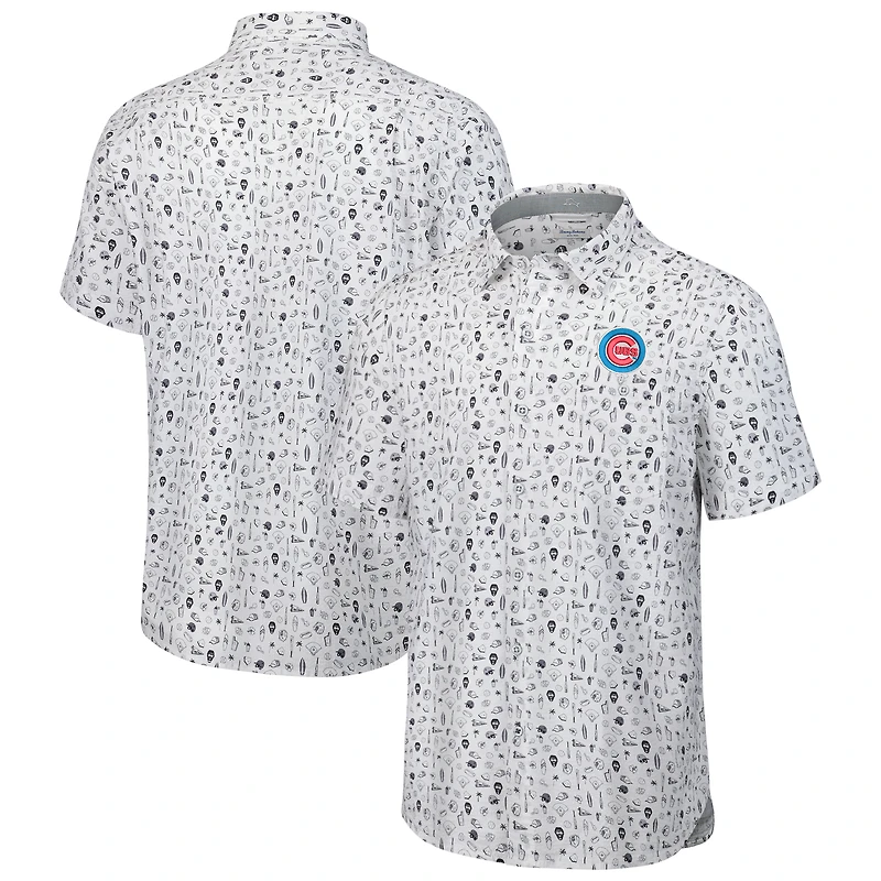 Chemise boutonnée à manches courtes pour homme Tommy Bahama Grey Chicago Cubs Nova Wave Riptide Rally Camp