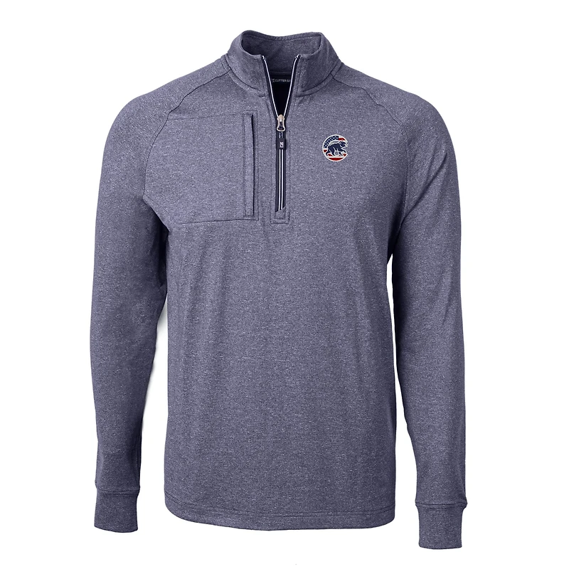 Men's Cutter & Buck  Heather Navy Chicago Cubs Americana Logo Adapt Eco Knit Stretch Recycled Quarter-Zip Pullover Top