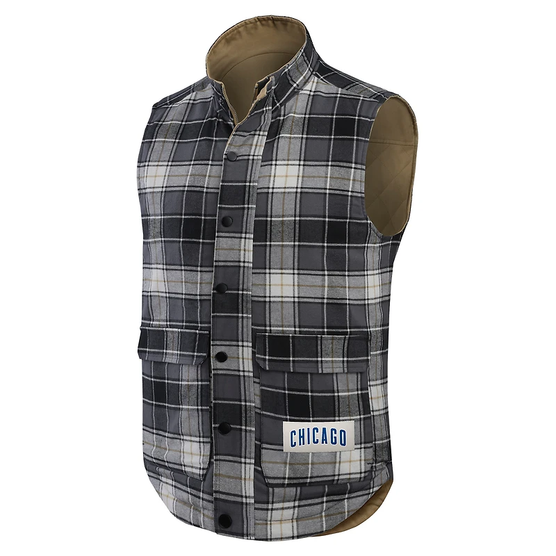Gilet réversible en toile et à carreaux pour homme de la collection Darius Rucker Fanatics, couleur tan/anthracite, avec fermeture éclair intégrale, des Chicago Cubs