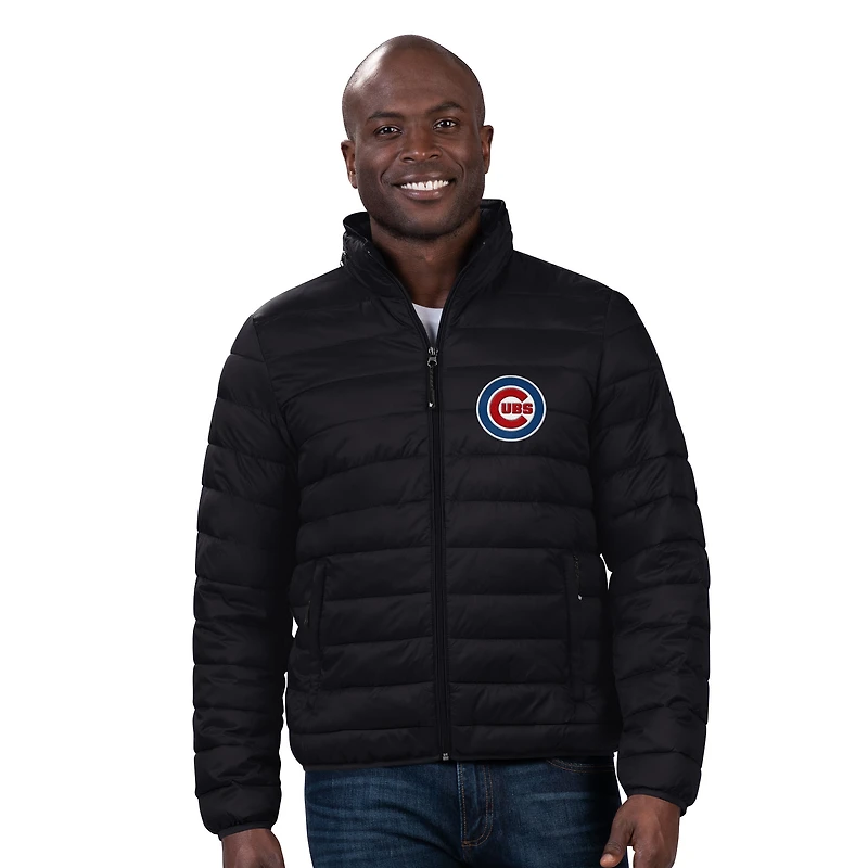 Doudoune zippée et pliable G-III Sports by Carl Banks pour homme, noire, avec coussin de cou fermeture éclair intégrale, Chicago Cubs
